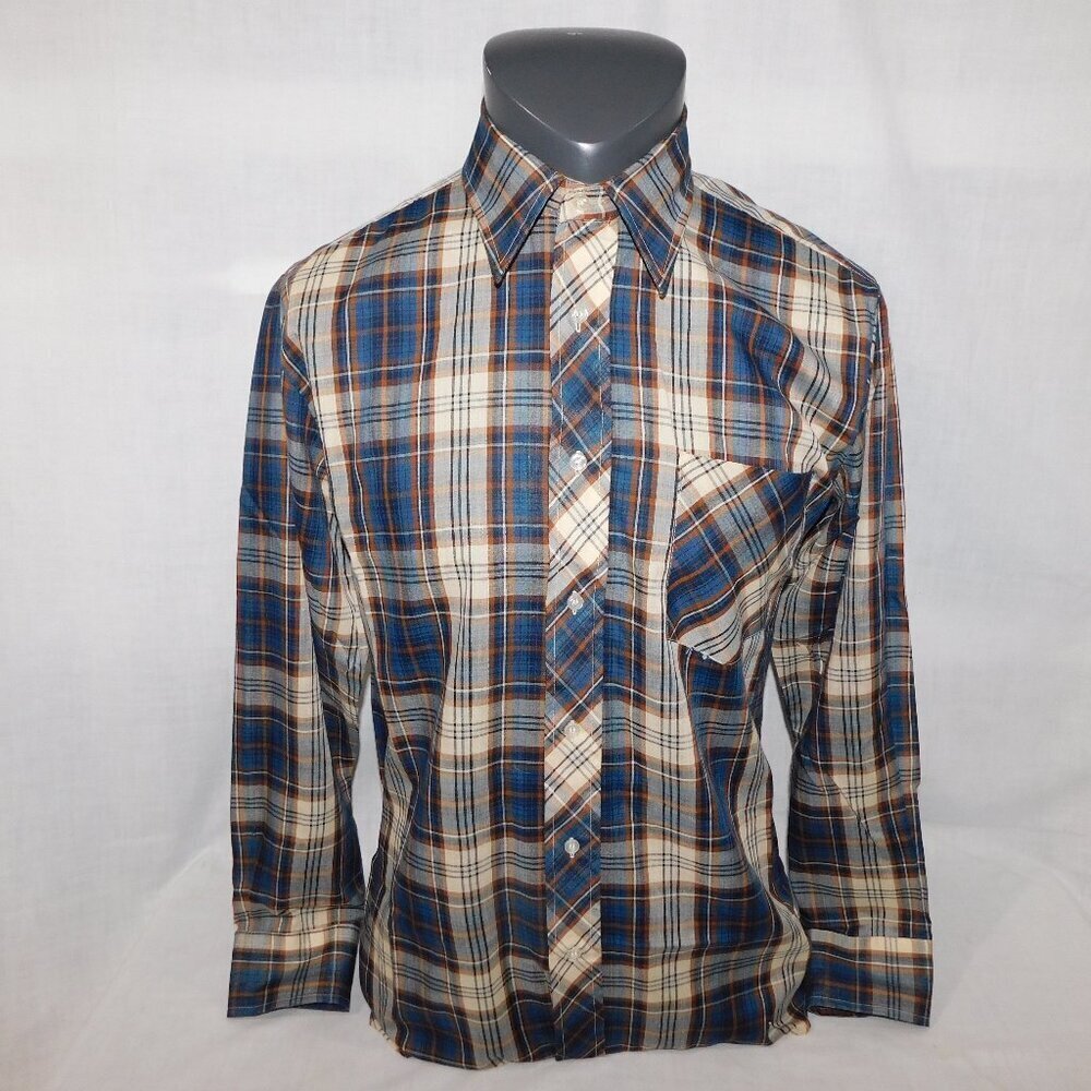 Vintage Van Heusen Western Look Blue Brown Tan Plaid Button Front Shirt Mens M